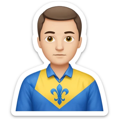 a Ukrainian man holding a Ukrainian flag sticker