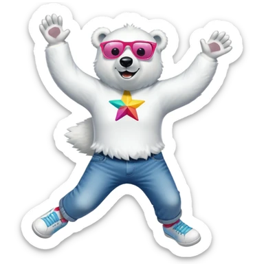 friendly anthropomorphised polar bear mid-jump, arms raised, excited expression, wearing a shirt, jeans, trainers, oversized colorful star glasses sticker