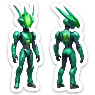 a shiny green Genesect-Raptor-Fakémon—hybrid with a futuristic visor-helmet full body sticker