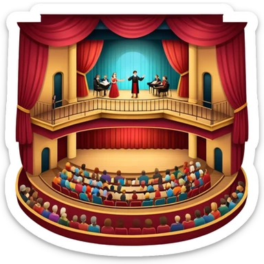 An icon depicting a theater stage with actors performing a play, illuminated by dramatic lighting. The audience watches from colorful balconies, while an orchestra plays in the pit, creating an immersive atmosphere. transparent background. sticker