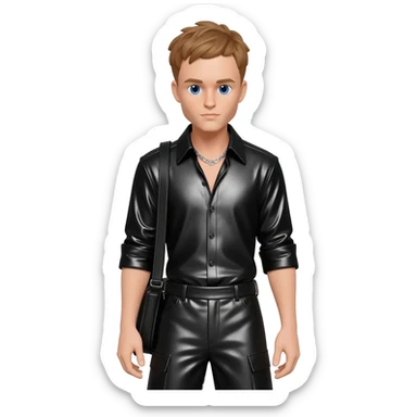 Justin Timberlake with blue eyes, light brown hair, black metallic shirt, black metallic baggy pants, silver necklace sticker
