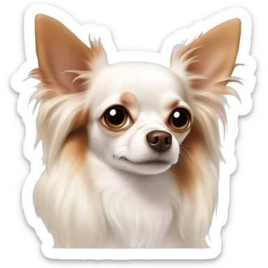 Long-haired white Chihuahua with reddish brown markings lying on bed  sticker