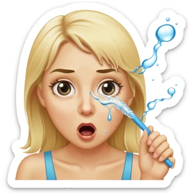 blond woman with wide eyes, holding a wide skin-colored stick with a nibble on the edge, water squirting from the stick into her mouth, shocked face sticker