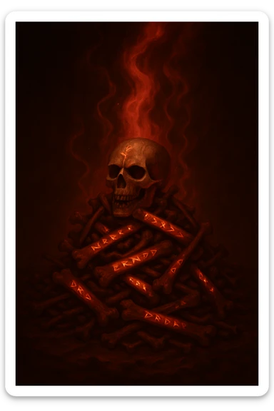 Change the mystical energy to red, keep the mystical pile of bones with glowing runes and enchanted fantasy style. Preserve the magical atmosphere with red mystical energy glowing around the bones and runes. sticker