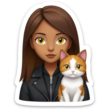 A brown straight-haired girl wearing black jacket with a white cat with yellow eyes and a calico cat sticker
