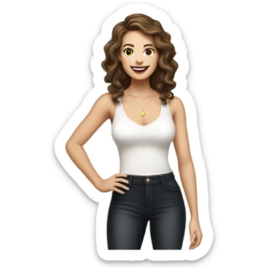 white girl with tan, carmen brunette natural  wavy hair, wearing a white v cut tank top holding a glass of champagne. sticker