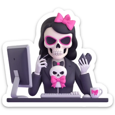 female Punisher skull character with pink bow working on computer sticker