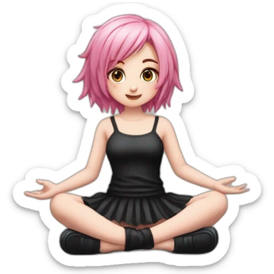 Full body Front view curvy emo girl pink hair sits on the floor straight view hands up black skirt белые трусики полосатые рваные чулки sticker