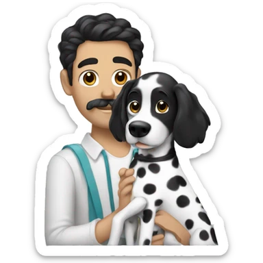 man with blac hair and mustache petting a dalmatian dog sticker
