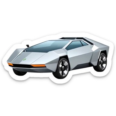 A futuristic chrome car emoji, sharp geometric body design inspired by cybertruck aesthetics, smooth silver metallic surface, matte and glossy chrome mix, minimal details, soft reflections, clean edges, iOS emoji style, centered, clean white background, soft studio lighting, no text sticker