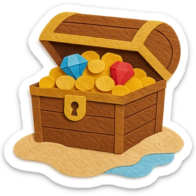 illustration of a treasure chest overflowing with gold coins and jewels on a sandy beach in paper-craft style sticker