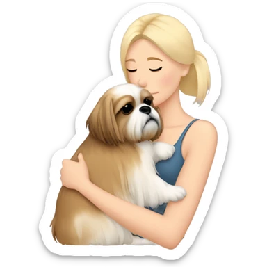 Sad blonde woman cuddling tan shih tzu  sticker