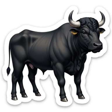 Cinematic Noble Black Bull Portrait Emoji, Poised and regal, with a massive, muscular build and a sleek, well-groomed pure black hide, deep-set soulful dark eyes, Simplified yet sharp and sophisticated features, highly detailed, glowing with a soft, dignified glow, high shine, intelligent and formidable, stylized with an air of strength, focused and attentive, soft glowing outline, capturing the essence of a watchful and confident guardian, so majestic it feels as though it could charge out of the screen with effortless authority! sticker