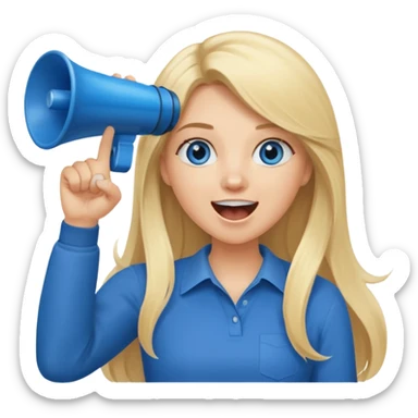  blue eyes blonde girl yelling into megaphone smiling long hair holding up finger sticker
