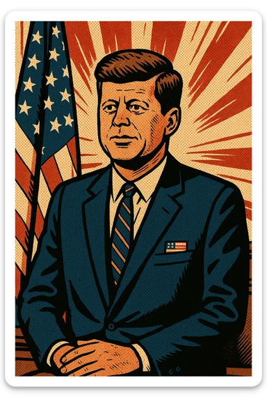 President Kennedy wearing a suit with a US flag badge standing in front of a US flag in his office sticker