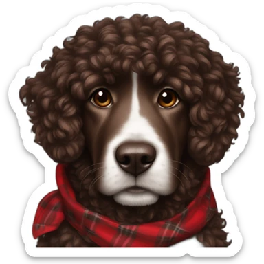 portrait Dark chocolate colored doodle with curly fur wearing a red and black flannel handkerchief sticker