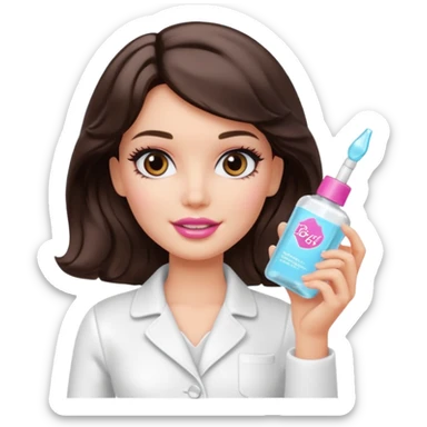 A Barbie girl with makeup, with short wavy dark brown hair in white clothes, holding a facial gel in her hand sticker