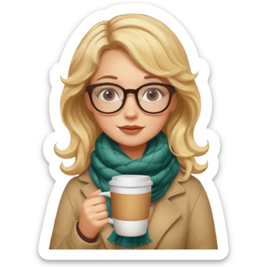 a girl drink with blonde wavy hair, wearing glasses, having scarf, drink coffee sticker