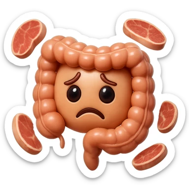 emoji stile iphone in 3d di un intestino triste
 con fette di carne che gli fluttuano intorno, iperrealistico 4k sticker