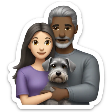 A girl with dark hair and brown eyes hugs a gray miniature Schnauzer dog sticker