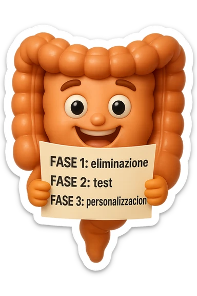 emoji stile iphone 3d di un intestino che tiene in mano un foglio con la scritta "FASE 1: eliminazione, FASE 2: test, FASE 3: personalizzazione, IPERREALISTICO 4K sticker