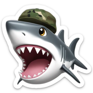 black and white countours cartoon shark standing with a camouflage cap on its head sticker