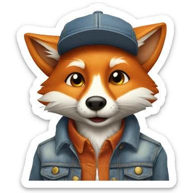 cartoon fox with mouse and denim jacket and hat and glass sticker