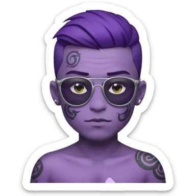 a boy with purple skin and sunglasses that has a tattoo on his forehead that says “gu4nto” sticker