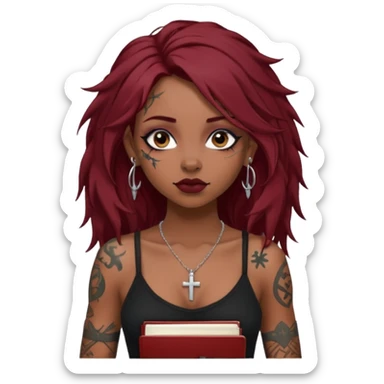 generate an ios genmoji of a dusky girl with long dark red messy hair with eyeliner on her eyes. septum piercing, wearing a cami black top, has tattoos, on shoulders. ear piercings. wearing a cross silver necklace. carrying a lot of sketchbooks sticker