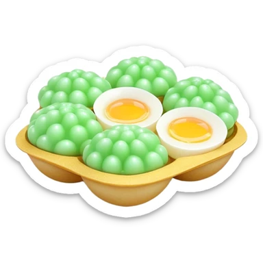 3D rendered Hong Kong egg puffs (港式鸡蛋仔) with pandan flavor, light green color, authentic egg-shaped bubble pattern, hyper-realistic texture, glossy finish, detailed bubbles sticker