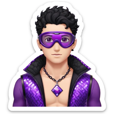 male athlete with white skin and moderately curly black hair on top with shaved sides, wearing ski goggles with purple frames and very dark black lenses, a simple plain black chain necklace, and a completely unzipped shiny vest with purple and black sequin fire pattern design, fully revealing his chest and abs, no earrings sticker