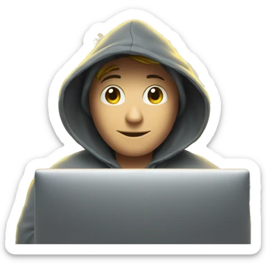 An emoji representing a wizard wearing a hoodie, sitting in front of a computer with lines of code floating around them. sticker