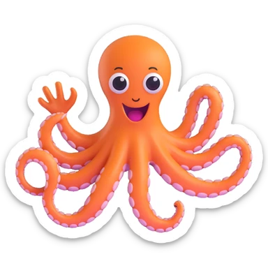 excited octopus with a waving tentacle, 3D emoji style sticker
