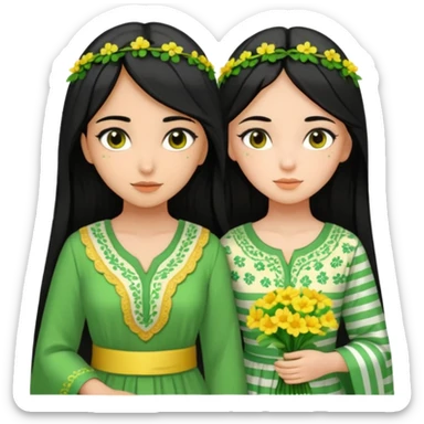 A picture of a black-haired girl in a beautiful green Arabic dress with green dotted stripes and beautiful yellow flowers scattered and a white-faced girl sticker