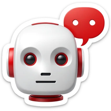 A minimalist 3D icon of a friendly robot head with a speech bubble, in red and white color scheme, clean design, soft shadows, YouTube-inspired style sticker
