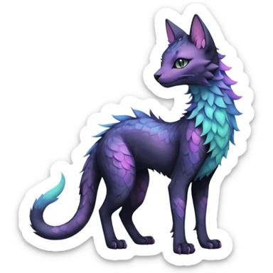 Kawaii black pastel iridescent beautiful pretty elegant divine edgy fantasy feline-vernid-sergal-fursona animal creature with a tufted tail full body with intricate markings  sticker
