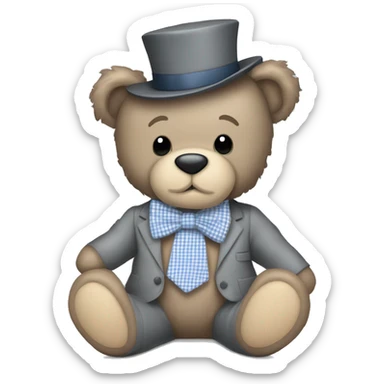 A grey teddy bear with a gingham bow tie and the name Alexander on its foot  sticker