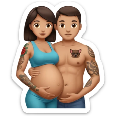 Cool brunette female holding pregnant buff mans with tattoos belly  sticker