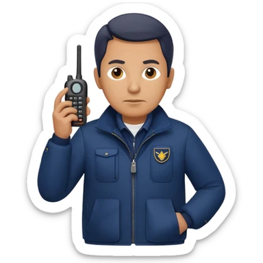 Security, Middle-aged, wearing navy blue jacket, serious facial expression, holding walkie-talkie, full body sticker