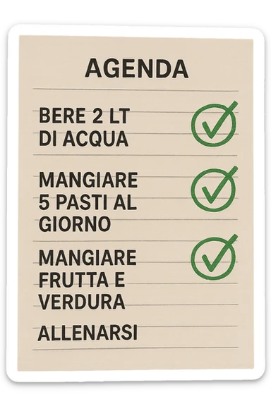 FOGLIO DI AGENDA CON SCRITTO:
BERE 2 LT DI ACQUA
MANGIARE 5 PASTI AL GIORNO
MANGIARE FRUTTA E VERDURA
ALLENARSI, 

METTI QUALCHE SPUNTA VERDE SULLE ATTIVITò CHE SONO GIà STATE SVOLTE, iperrealistico 4k sticker