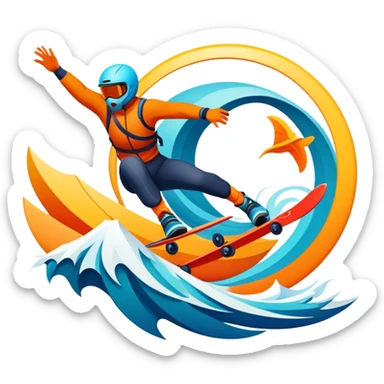 An emblematic symbol featuring a stylized figure in mid-action, representing extreme sports. The design incorporates dynamic lines and bold shapes, with elements like mountains, waves, and flying objects, capturing the thrill and adrenaline of various extreme sports in a single, unified icon. sticker
