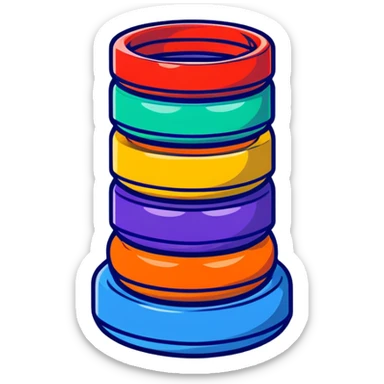 Children's stacking rings toy with red, orange, yellow, green, light blue, dark blue, and purple rings on a post in rainbow order sticker