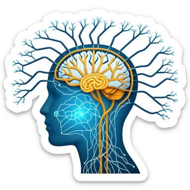 An icon featuring a human head silhouette with circuit patterns, a glowing brain, and neural network nodes, symbolizing artificial intelligence. The design includes data flow lines and robotic elements, representing machine learning and advanced computation. Transparent background sticker