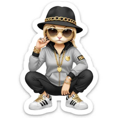 female cat wearing Run DMC hip-hop outfit with tracksuit, fedora, Adidas sneakers, dark sunglasses, many gold chains, rings, bracelets, flashy earrings, fallen down sticker