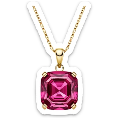 Isolated, 3d rendering, sparkling, vibrant and bold deep redish pink , hyperrealistic Lab Created Hydrothermal Rubellite, Asscher, 14k gold, luxury style necklace sticker