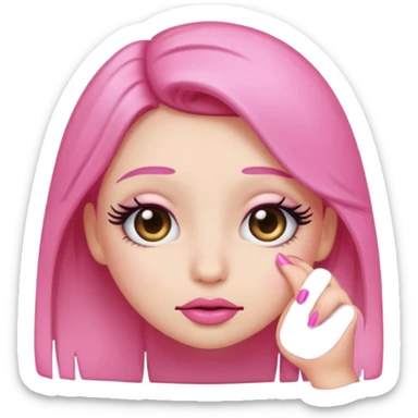 Shy emoji with long lashes, pouty lips, and pink nails on a black background, cute aesthetic sticker