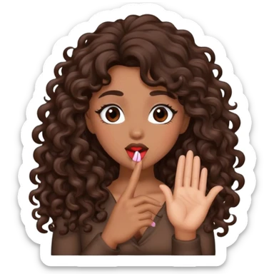 Brown woman with dark brown long curly hair blowing a kiss  sticker