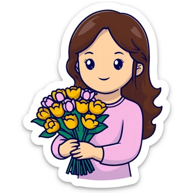 Cool girl with long brown hair and fair skin holding a bouquet of flowers sticker