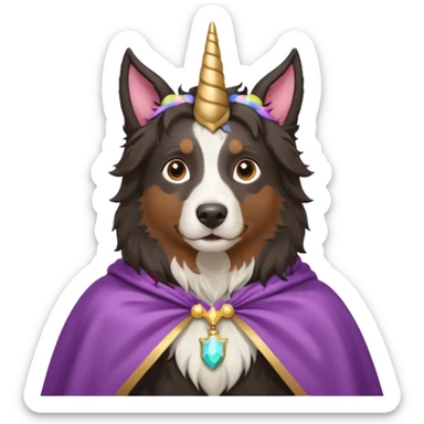 A daar autralian sheperd with a unicorn horn and a cape sticker