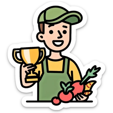 Happy gardener with trophy and prize vegetables sticker